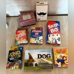 Lot of 8 family card games and trivia games Uno, Skip-Bo, Phase 10, Scrabble Sla